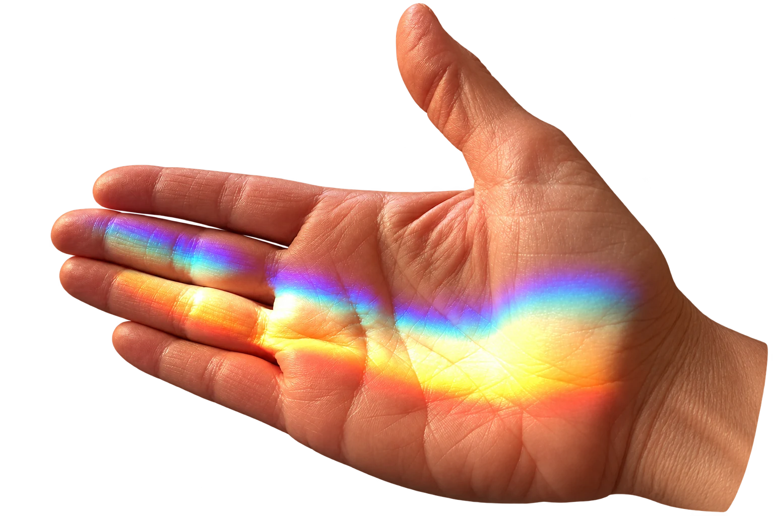 Une main ouverte illuminée par un arc-en-ciel